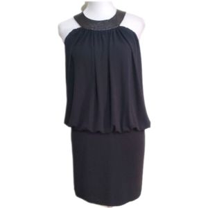 Anthropologie Black Halo black Leather Trim halter backless Stretch mini…